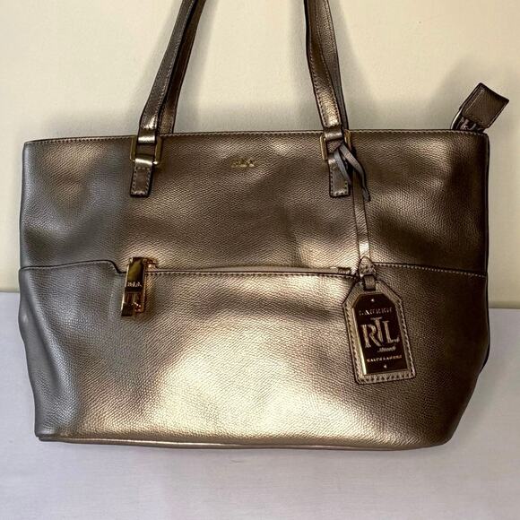 Ralph Lauren Whitby Metallic Gold Leather Tote Shoulder Bag Purse | Classic - Picture 2 of 14